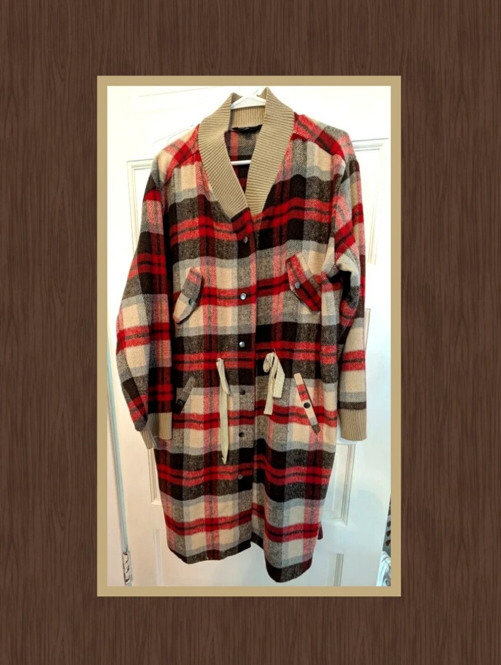 Plaid Long Cardigan Coat With Buttons And Tie Waist, Red, Brown & Cream,Size 1X